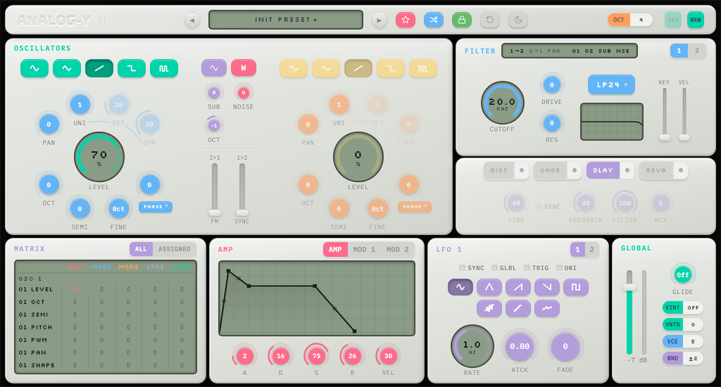 The Analog-Y plugin window in light mode