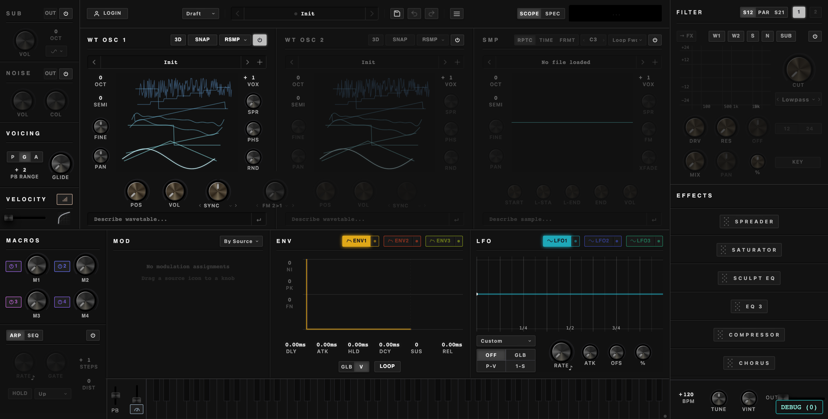 The Wavelength plugin window: two wavetable oscillators, a sampler, filters and the modulation matrix